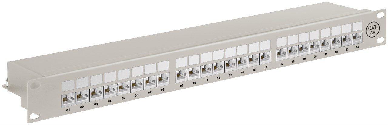 CAT 6a 19-Zoll (48,3 cm) Patch Panel, 24 Port, (1 HE) - Farbversion Grau - STP geschirmt, Grau CAT 6a 19-Zoll (48,3 cm) Patch Panel, 24 Port, (1 HE) - Farbversion Grau - STP geschirmt, Grau