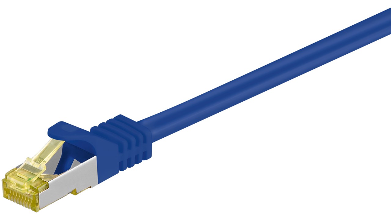 RJ45 Patchkabel CAT 6A S/FTP (PiMF), 500 MHz mit CAT 7 Rohkabel, Blau RJ45 Patchkabel CAT 6A S/FTP (PiMF), 500 MHz mit CAT 7 Rohkabel, Blau - Kabellänge 0.25 m - Kupferleiter (CU), halogenfreier Kabelmantel (LSZH)