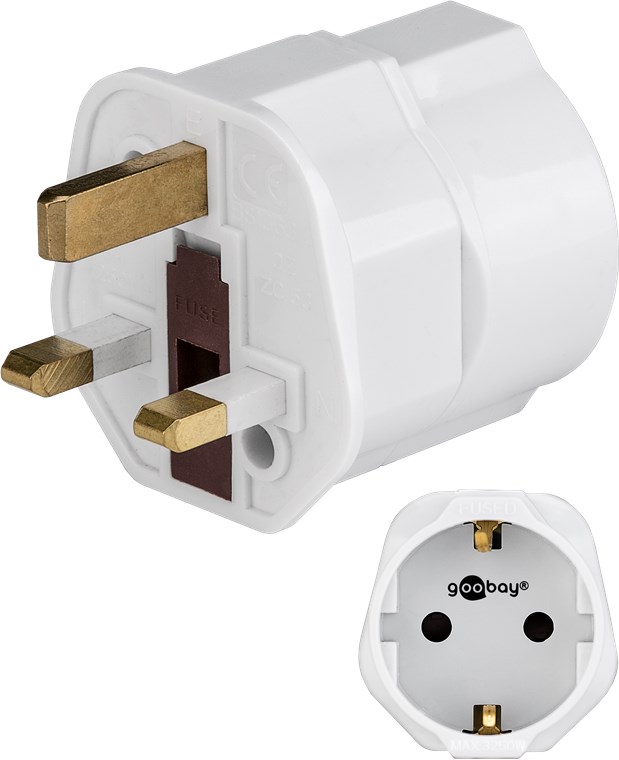 Netzadapter UK, Weiß Netzadapter UK, Weiß - Schutzkontaktbuchse (Typ F, CEE 7/3) > UK 3-Pin-Stecker (Typ G, BS 1363)