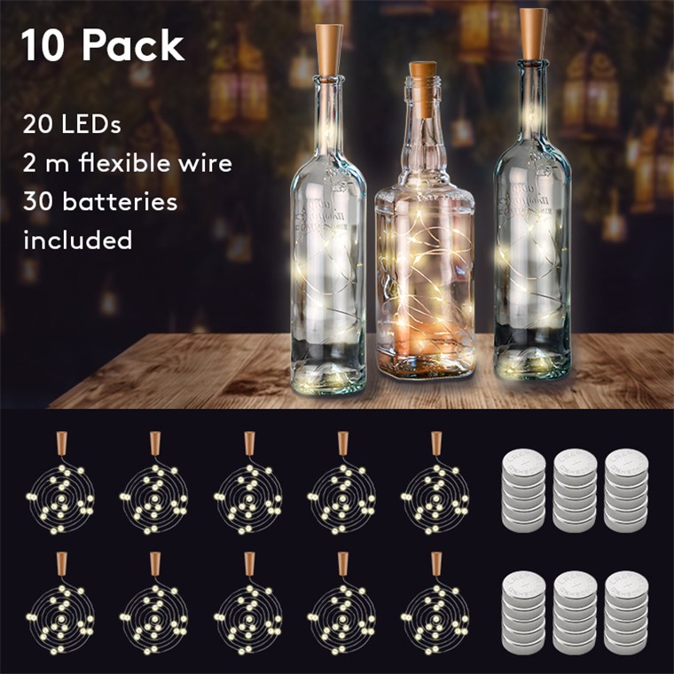 10 x 20er LED-Flaschen-Lichterkette - Stimmungsvolle Leuchtdekoration für Glasflaschen