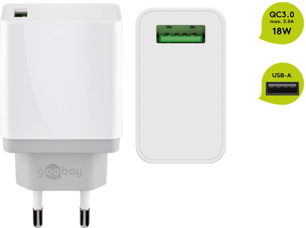 USB Schnellladegerät QC3.0 (18W) weiß - lädt bis zu 4x schneller als Standardladegeräte USB Schnellladegerät QC3.0 (18W) weiß - lädt bis zu 4x schneller als Standardladegeräte
