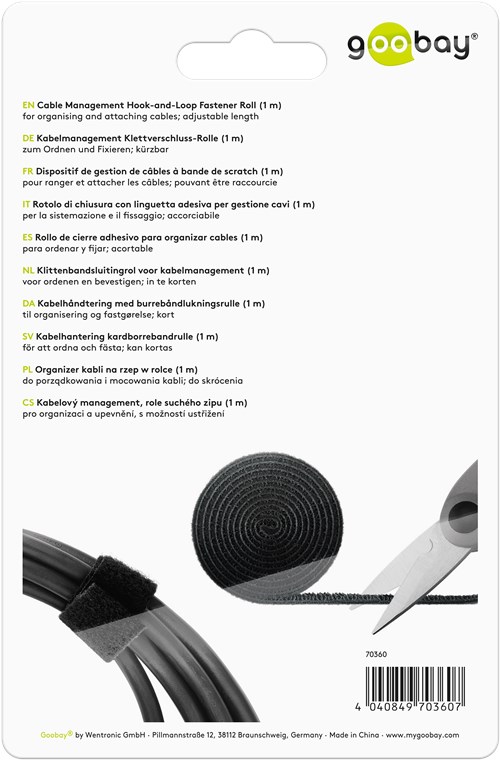 Kabelmanagement Klettverschluss-Rolle (1 m) - zum Ordnen und Fixieren, kürzbar Kabelmanagement Klettverschluss-Rolle (1 m) - zum Ordnen und Fixieren, kürzbar