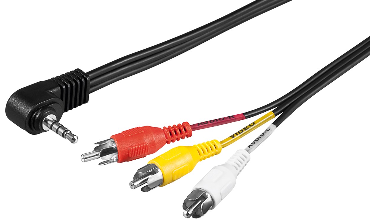Adapterkabel, Composite Audio Video zu 3,5 mm Adapterkabel, Composite Audio Video zu 3,5 mm - Kabellänge 1.5 m - Klinke 3,5 mm Stecker (4-Pin, stereo) 90° > 3x Cinch-Stecker