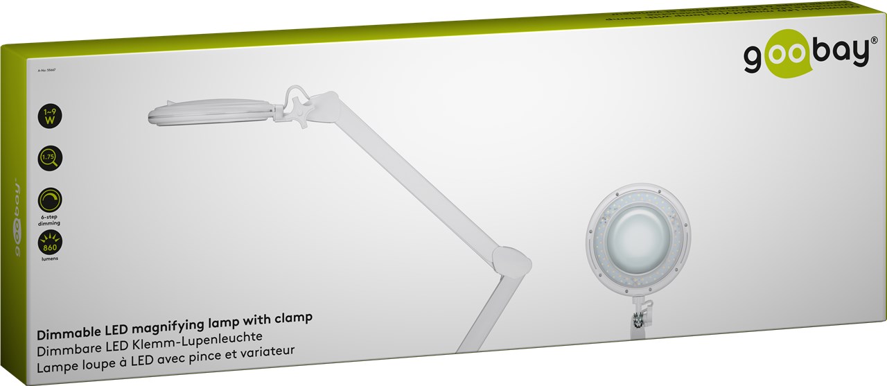LED Klemm-Lupenleuchte, 1~9W - 127 mm Glaslinse, 1,75-fache Vergrößerung, 3 Dioptrien, 860 lm, 6 Stufen dimmbar LED Klemm-Lupenleuchte, 1~9W - 127 mm Glaslinse, 1,75-fache Vergrößerung, 3 Dioptrien, 860 lm, 6 Stufen dimmbar