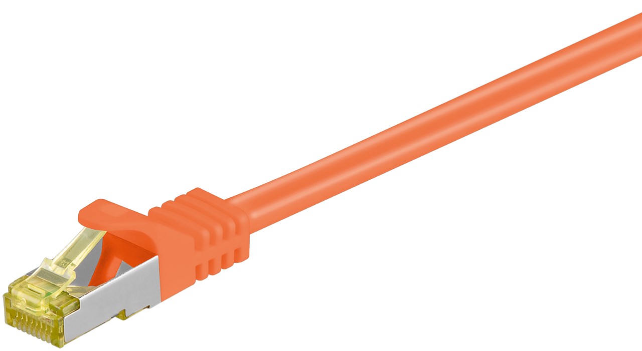 RJ45 Patchkabel CAT 6A S/FTP (PiMF), 500 MHz mit CAT 7 Rohkabel, Orange - Kabellänge 0.25 m - Kupferleiter (CU), halogenfreier Kabelmantel (LSZH)