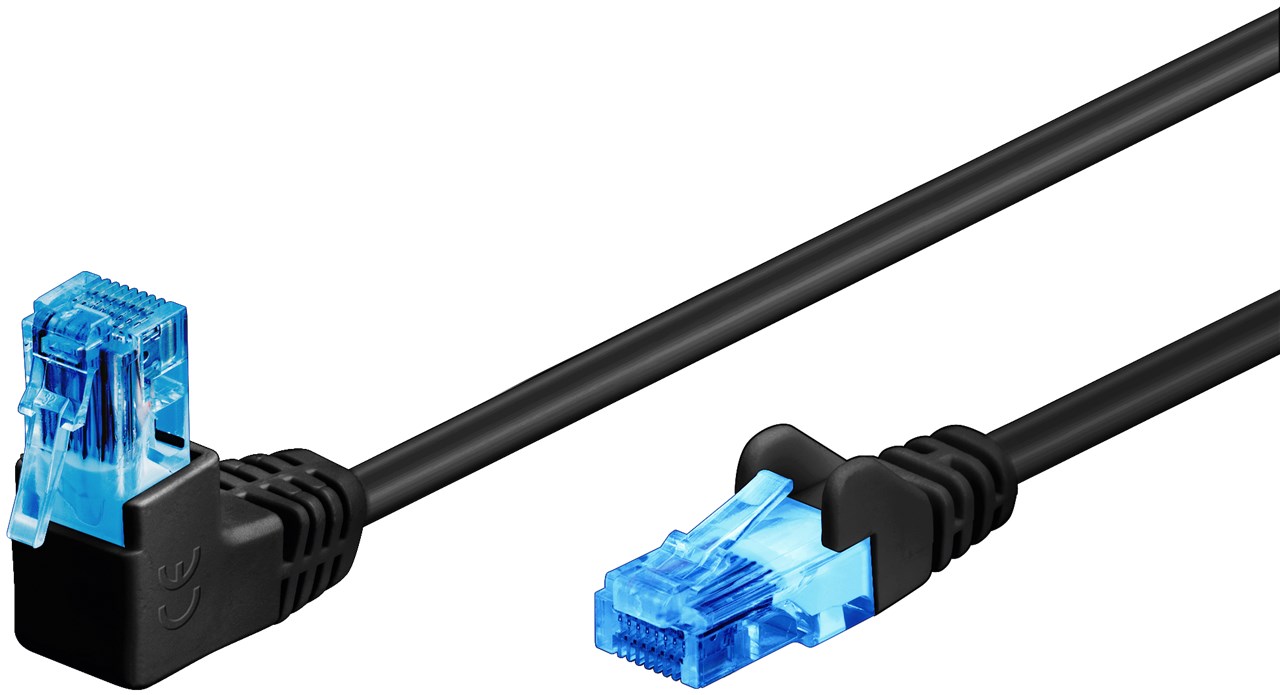 CAT 6A Patchkabel 1x 90° gewinkelt, U/UTP, Schwarz, 10 m CAT 6A Patchkabel 1x 90° gewinkelt, U/UTP, Schwarz, 0,25 m - Kabellänge 0.25 m - Kupferkaschierter Aluminiumleiter (CCA), Rastnase oben