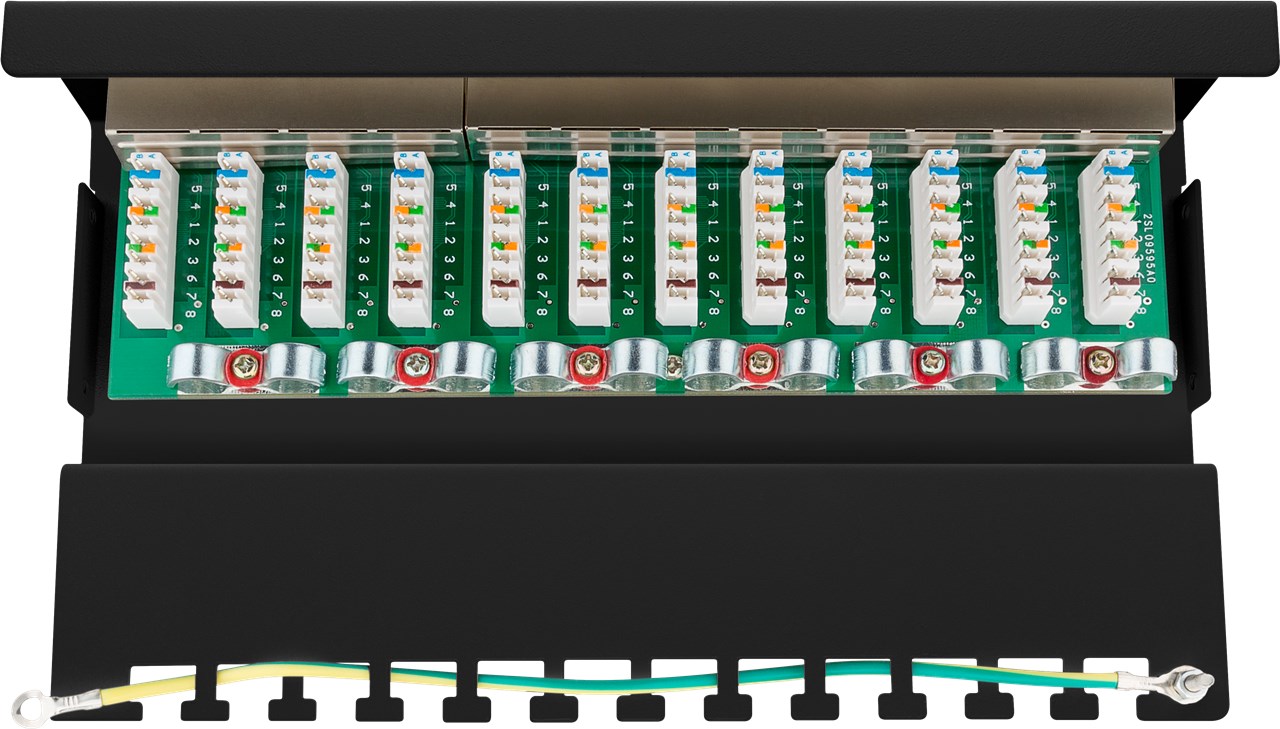 CAT 6 Mini/Desktop Patch Panel, 12 Port, (1 HE) - Farbversion Schwarz - STP geschirmt CAT 6 Mini/Desktop Patch Panel, 12 Port, (1 HE) - Farbversion Schwarz - STP geschirmt