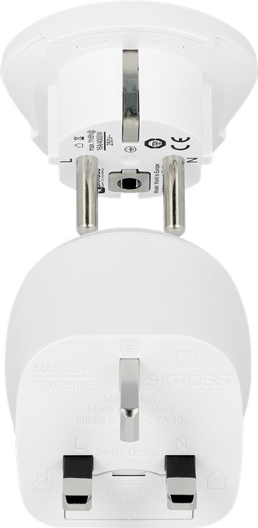 Country Combo World to UK - Ausgang, Typ UK-Stecker - geeignet für alle geerdeten und ungeerdeten Geräte (2- und 3-polig) Country Combo World to UK - Ausgang, Typ UK-Stecker - geeignet für alle geerdeten und ungeerdeten Geräte (2- und 3-polig)