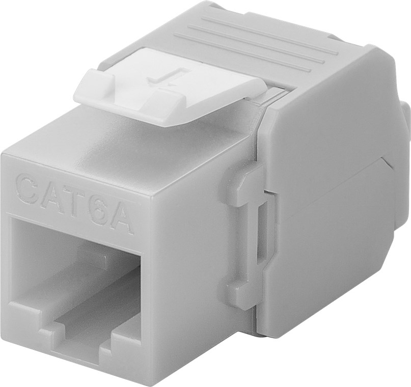 Keystone Modul RJ45 CAT 6A, UTP - Farbversion Hellgrau - 16,5 mm breit, Krokodil-Typ, Klemmleiste für werkzeugfreie LSA-Montage