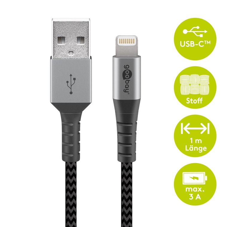 Lightning auf USB-A Textilkabel mit Metallsteckern (spacegrau/silber) 1 m - Kabellänge 1 m - elegantes und extra-robustes Verbindungskabel für z. B. Apple iPhone, iPad (Apple MFi-zertifiziert)