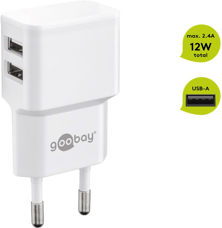 Dual USB-Ladegerät (12 W), Weiß - kompaktes USB-Netzteil mit 2x USB-Anschlüssen Dual USB-Ladegerät (12 W), Weiß - kompaktes USB-Netzteil mit 2x USB-Anschlüssen
