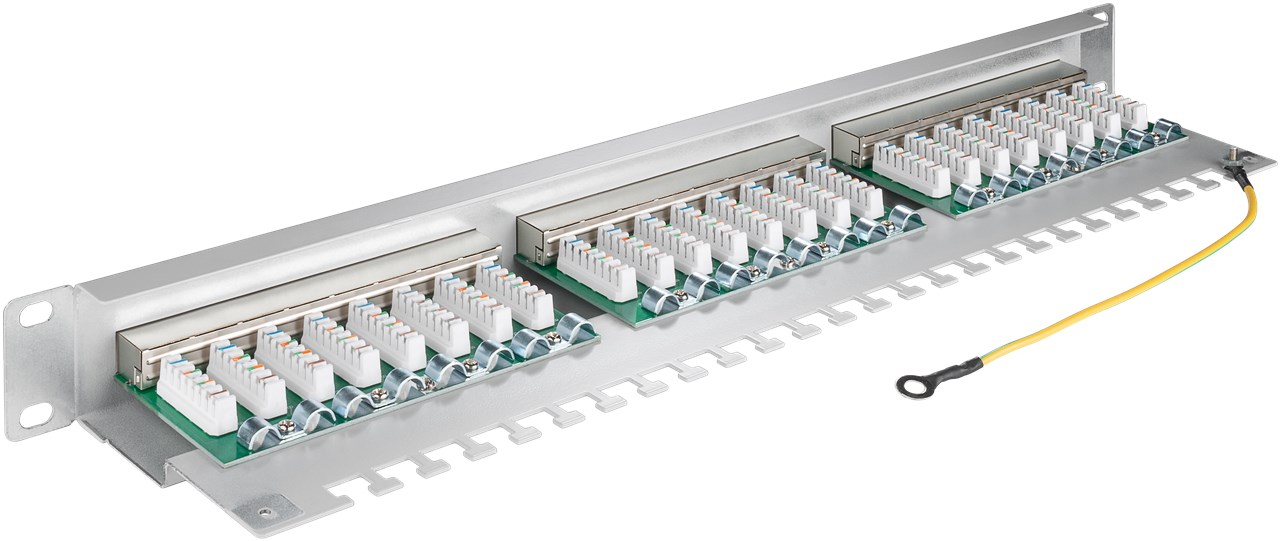 CAT 5e 19-Zoll (48,3 cm) Patch Panel, 24 Port, (1 HE) - Schirmungsklasse STP - STP geschirmt, Grau CAT 5e 19-Zoll (48,3 cm) Patch Panel, 24 Port, (1 HE) - Schirmungsklasse STP - STP geschirmt, Grau