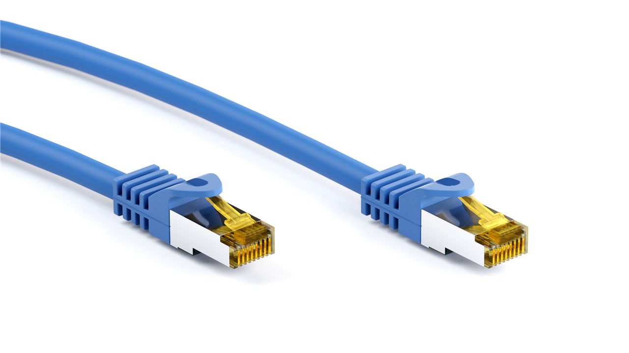 RJ45 Patchkabel CAT 6A S/FTP (PiMF), 500 MHz mit CAT 7 Rohkabel, Blau - Kabellänge 1 m - Kupferleiter (CU), halogenfreier Kabelmantel (LSZH)