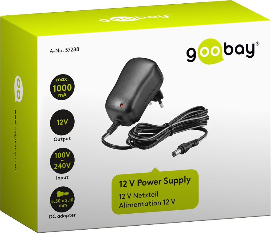 12 V Netzteil - Farbversion Schwarz - mit 5,5 mm x 2,1 mm Stecker - 12 W und 1,0 A 12 V Netzteil - Farbversion Schwarz - mit 5,5 mm x 2,1 mm Stecker - 12 W und 1,0 A