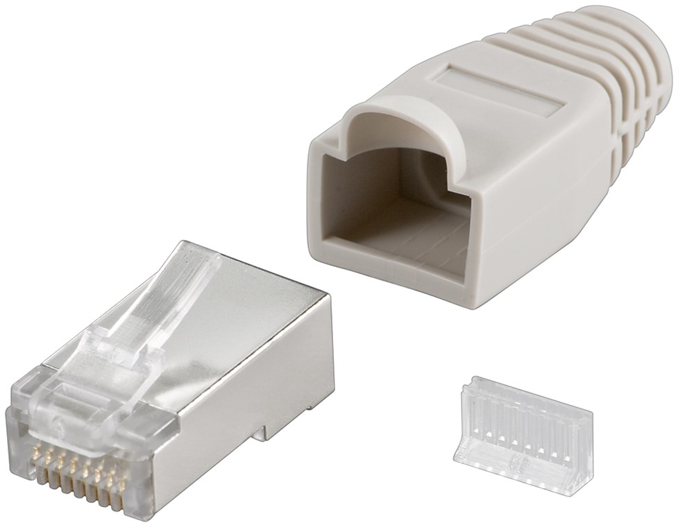 RJ45 Stecker, CAT 5e STP geschirmt mit Knickschutztülle RJ45 Stecker, CAT 5e STP geschirmt mit Knickschutztülle - Farbversion Grau - für Rundkabel, mit Einfädelhilfe