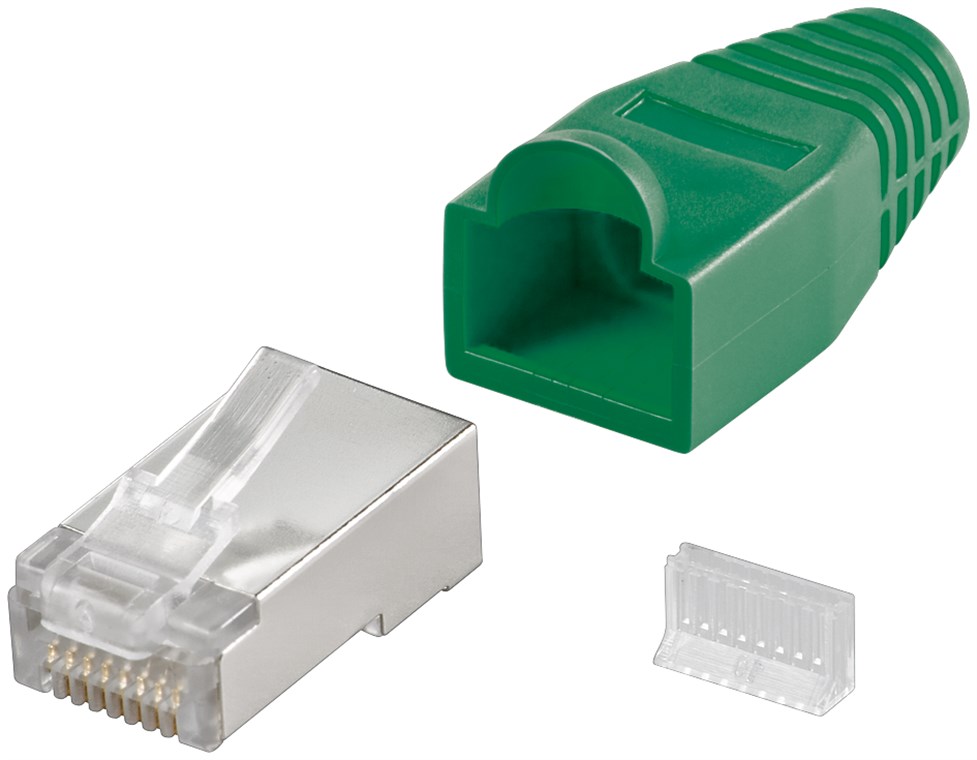 RJ45 Stecker, CAT 5e STP geschirmt mit Knickschutztülle RJ45 Stecker, CAT 5e STP geschirmt mit Knickschutztülle - Farbversion Grün - für Rundkabel, mit Einfädelhilfe