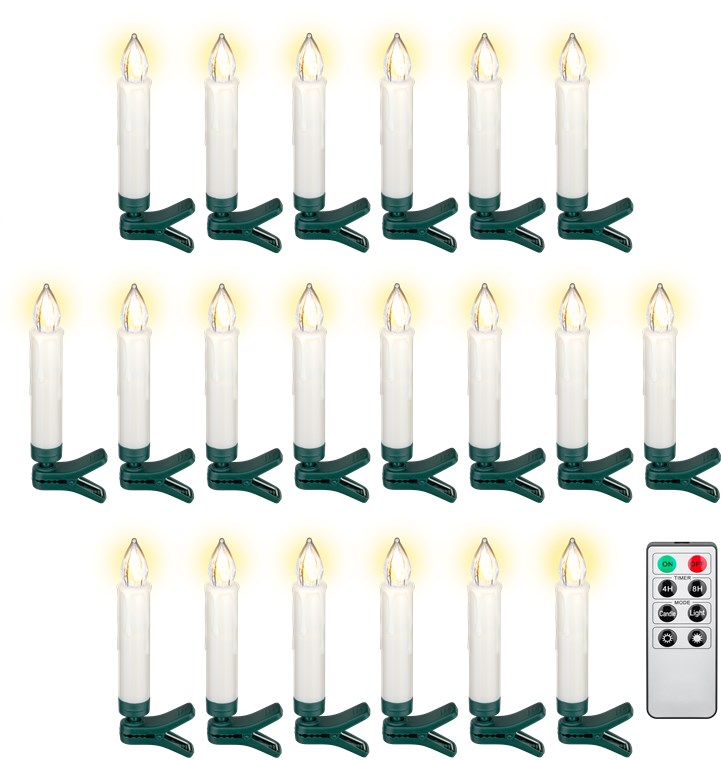 20 kabellose LED-Weihnachtsbaumkerzen - mit Klemmen und IR-Fernbedienung zur Steuerung von Timer, Leuchtmodi und Dimmer