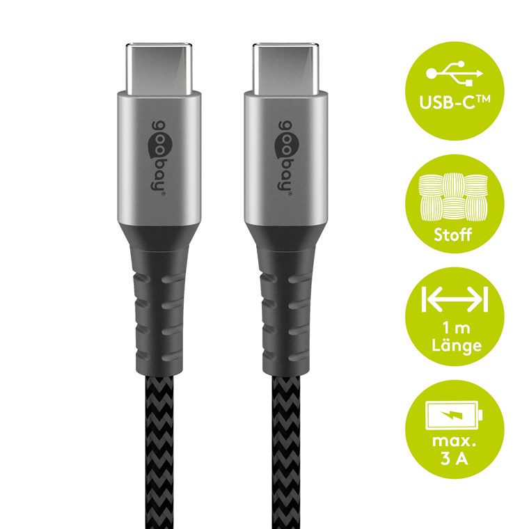 USB-C™ auf USB-C™ Textilkabel mit Metallsteckern (spacegrau/silber) 1 m - Kabellänge 1 m - elegantes und extra-robustes Verbindungskabel für Geräte mit USB-C™-Anschluss