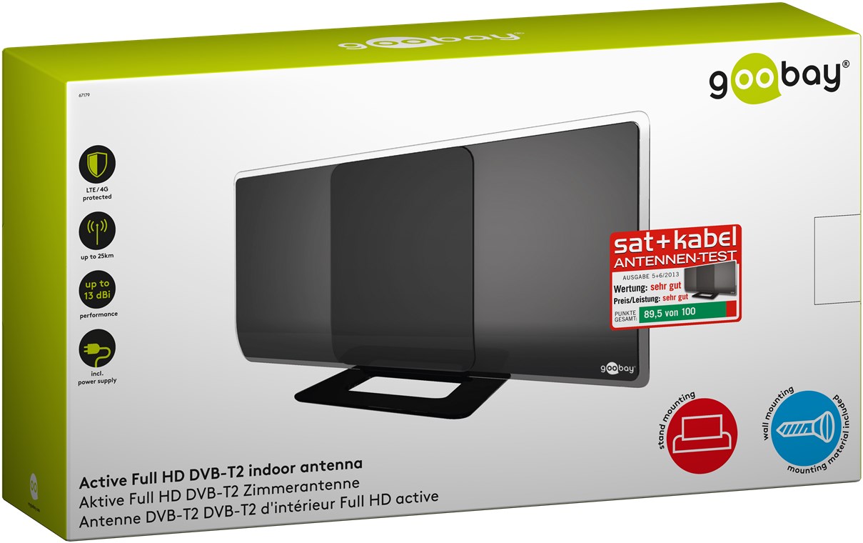 Aktive Full HD DVB-T2 Zimmerantenne, inkl. LTE/4G Filter - mit bis zu 13 dBi Verstärkung bei schwachem Empfangssignal