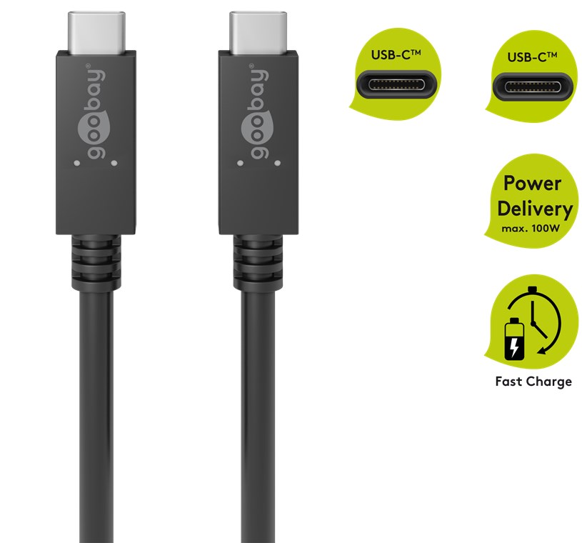 USB-C™PD Lade- und Synchronisationskabel 100W - Kabellänge 0.5 m - für Geräte mit USB-C™ (Gen.3.2) Anschluss; Schwarz