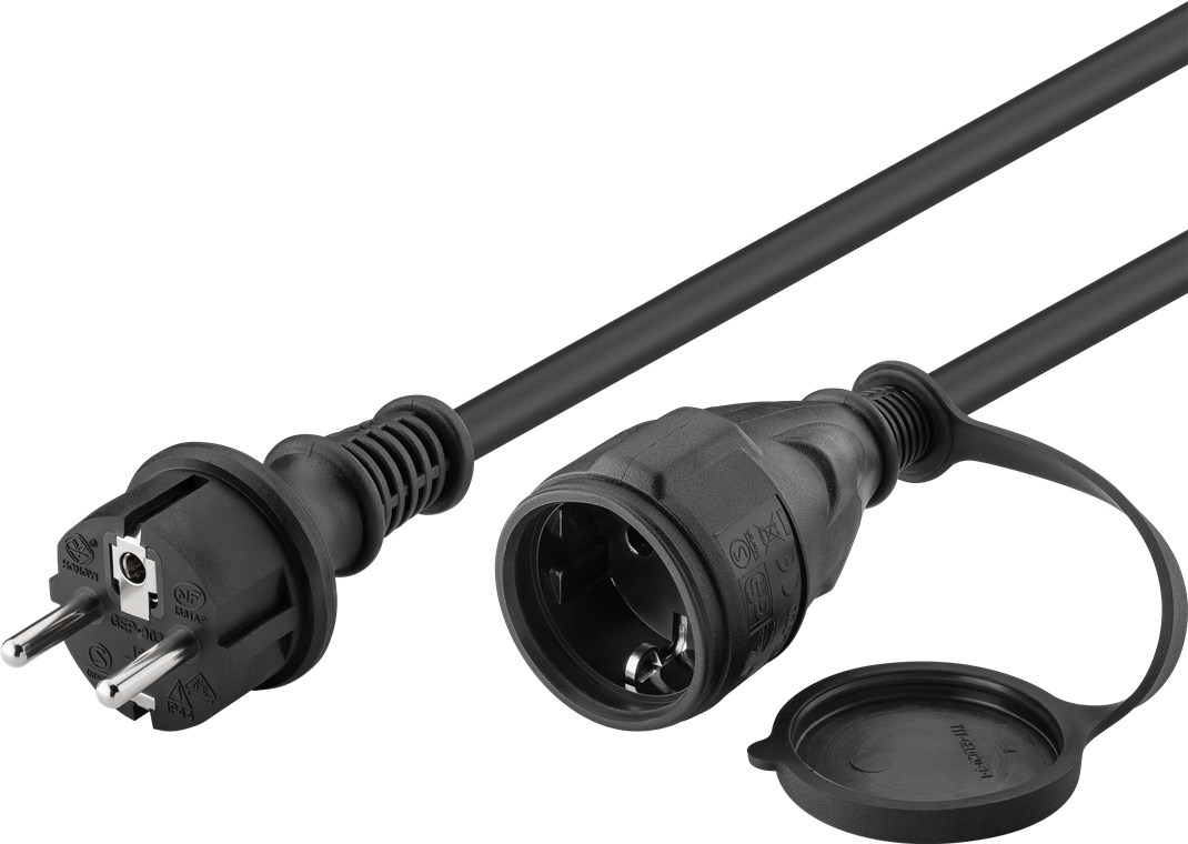 Netzkabel Outdoor, 5 m, Schwarz - Kabellänge 5 m - Hybridstecker (Typ E/F, CEE 7/7) > Schutzkontaktbuchse (Typ F, CEE 7/3)