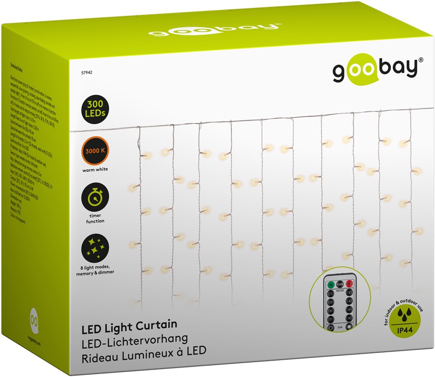 300er LED-Lichtervorhang - mit Fernbedienung, Timer-Funktion, 8 Leuchtmodi, Dimmer und 31 V-Außentrafo, warmweiß (3000 K)