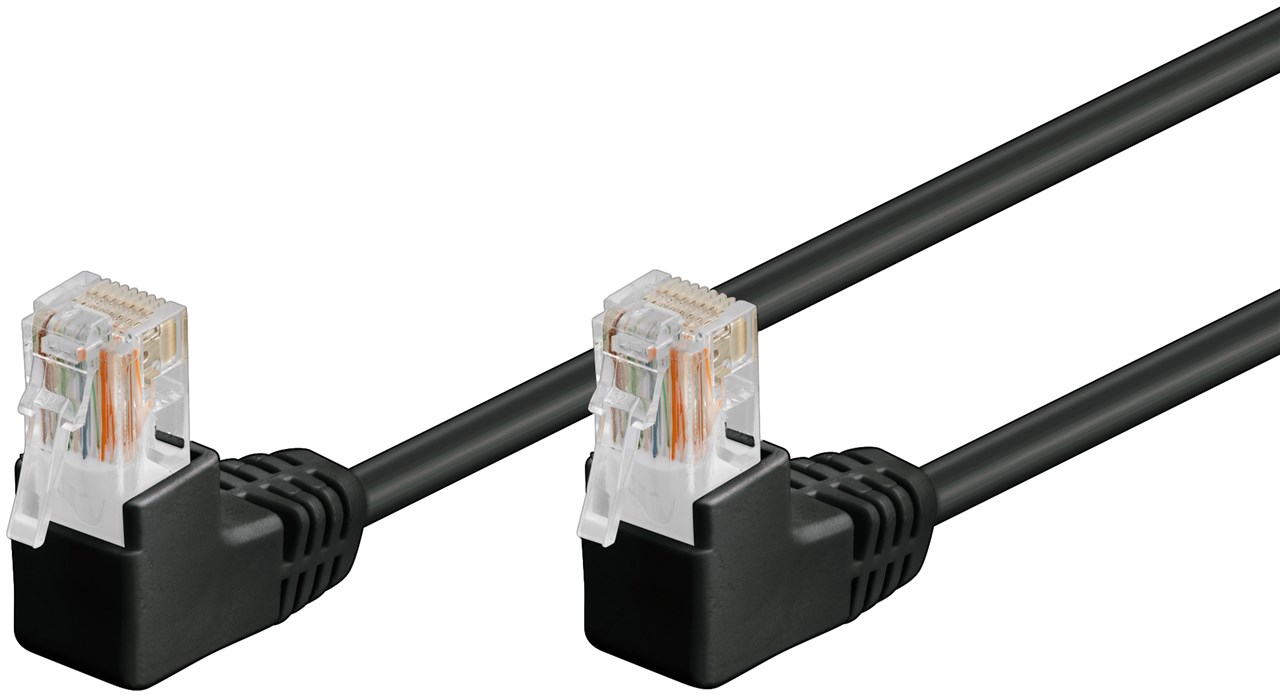 CAT 5e Patchkabel 2x 90° gewinkelt, U/UTP, Schwarz, 0,25 m - Kabellänge 0.25 m - Kupferkaschierter Aluminiumleiter (CCA), 2x RJ45-Stecker 90° (8P8C) CAT 5e Patchkabel 2x 90° gewinkelt, U/UTP, Schwarz, 0,25 m - Kabellänge 0.25 m - Kupferkaschierter Aluminiumleiter (CCA), 2x RJ45-Stecker 90° (8P8C)