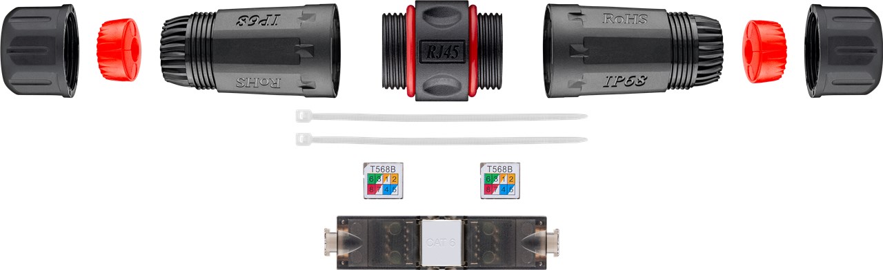 Outdoor (IP68) Netzwerkkabel-Verbinder, CAT 6 UTP ungeschirmt - staub- und wasserdicht, Klemmleiste für LSA Montage (werkzeugfrei)