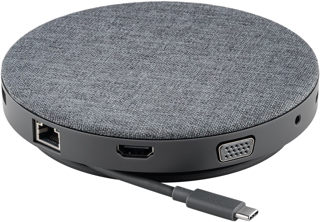 USB-C™ 11 in 1 Multiport Dock mit Wireless Fast Charging und Power Delivery 100 W - es erweitert einen USB-C™-Anschluss um folgende Dinge: MicroSD- & SD-Kartenleser, 4K HDMI™-Anschluss, VGA-Anschluss, RJ45-Gigabit-Ethernet-Anschluss & 3,5 mm Audio-Port.