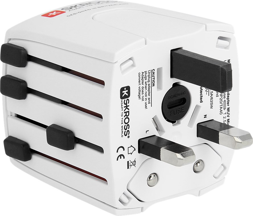 World Adapter MUV Micro USB - geeignet für alle ungeerdeten Geräte (2-pol.), mit integriertem dualem USB-Ladegerät World Adapter MUV Micro USB - geeignet für alle ungeerdeten Geräte (2-pol.), mit integriertem dualem USB-Ladegerät