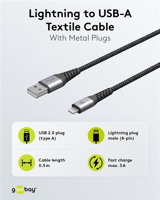 Lightning auf USB-A Textilkabel mit Metallsteckern (spacegrau/silber) 0,5 m - Kabellänge 0.5 m - elegantes und extra-robustes Verbindungskabel für z. B. Apple iPhone, iPad (Apple MFi-zertifiziert)