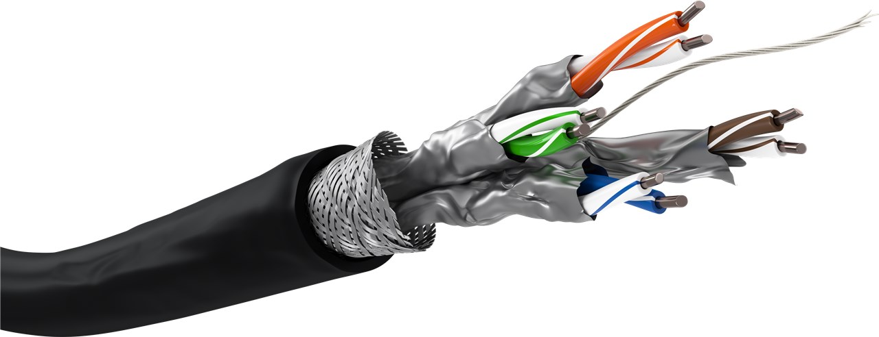 CAT 6 Outdoor Netzwerkkabel, S/FTP (PiMF), Schwarz CAT 6 Outdoor Netzwerkkabel, S/FTP (PiMF), Schwarz - Kabellänge 100 m - Kupferkaschierter Aluminiumleiter (CCA), AWG 23/1 (solid), Polyethylen-Kabelmantel (PE)