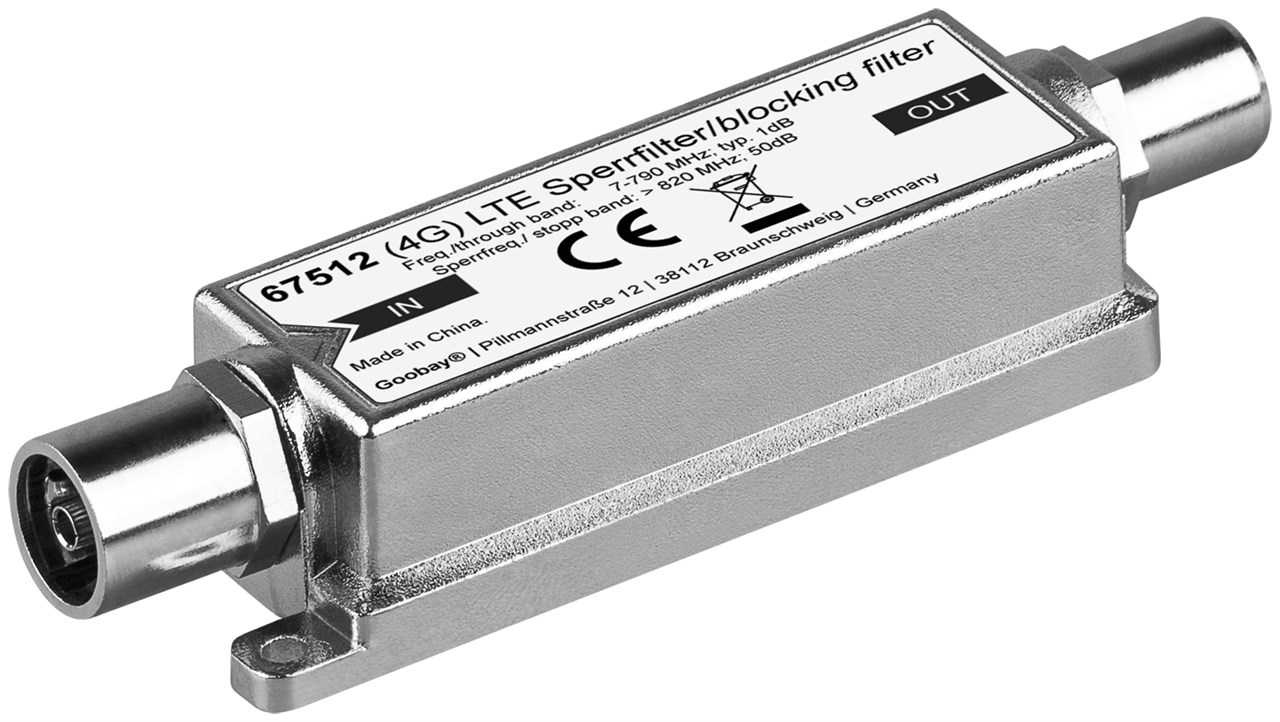LTE/4G Sperrfilter Koax-Stecker - Koax-Buchse LTE/4G Sperrfilter Koax-Stecker - Koax-Buchse - Anschluss, Typ Koax-Stecker - für störungsfreien DVB-T / T2 HD Empfang