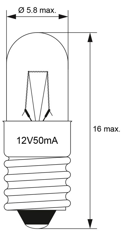 Röhrenlampe, 0,6 W - Max. Leistungsaufnahme 0.6 W - Sockel E5,5, 12 V (DC), 50 mA Röhrenlampe, 0,6 W - Max. Leistungsaufnahme 0.6 W - Sockel E5,5, 12 V (DC), 50 mA