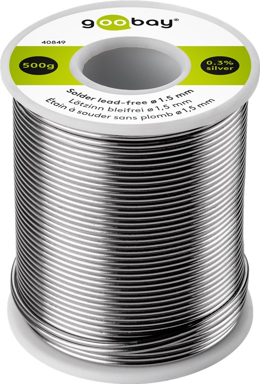 Profi Lötzinn bleifrei, ø 1,5 mm, 500 g Profi Lötzinn bleifrei, ø 1,5 mm, 500 g - Zusammensetzung: 0,3 % Silber, 0,7 % Kupfer, 96,5 % Zinn, Flussmittelanteil: 2,5 %, Schmelzpunkt 217° C
