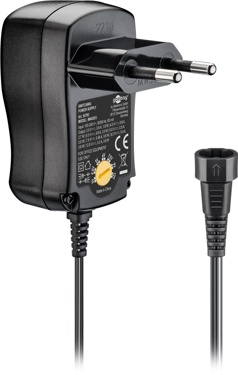 3 V - 12 V Universal-Netzteil - Ausgang, max. Stromstärke (DC) 0.6 A - inkl. 1 USB- und 8 DC-Adapter - max. 3,6 W und 0,6 A 3 V - 12 V Universal-Netzteil - Ausgang, max. Stromstärke (DC) 0.6 A - inkl. 1 USB- und 8 DC-Adapter - max. 3,6 W und 0,6 A