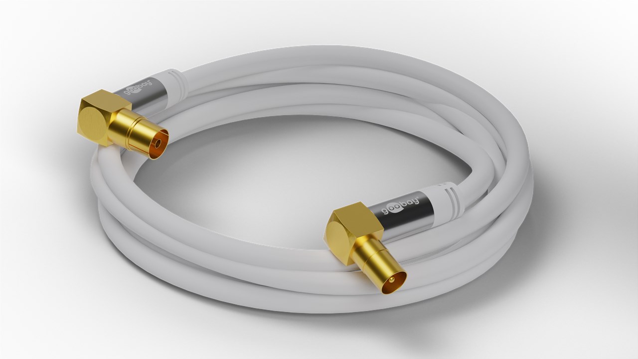TV Antennenkabel (135 dB typ), 4x geschirmt - Kabellänge 1 m - vergoldet, Koax-Buchse 90° > Koax-Stecker 90°