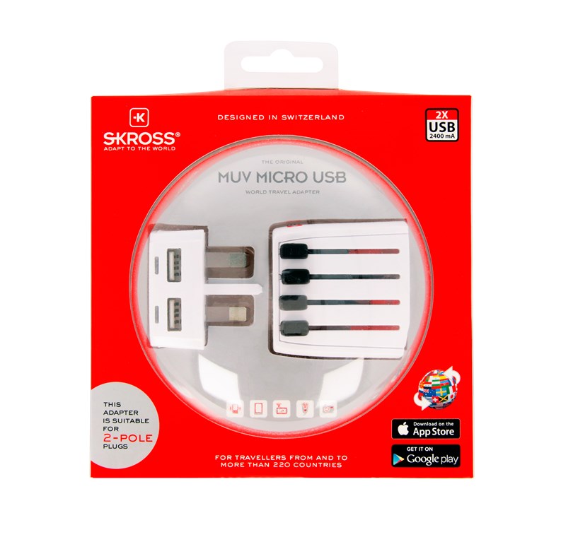 World Adapter MUV Micro USB - geeignet für alle ungeerdeten Geräte (2-pol.), mit integriertem dualem USB-Ladegerät