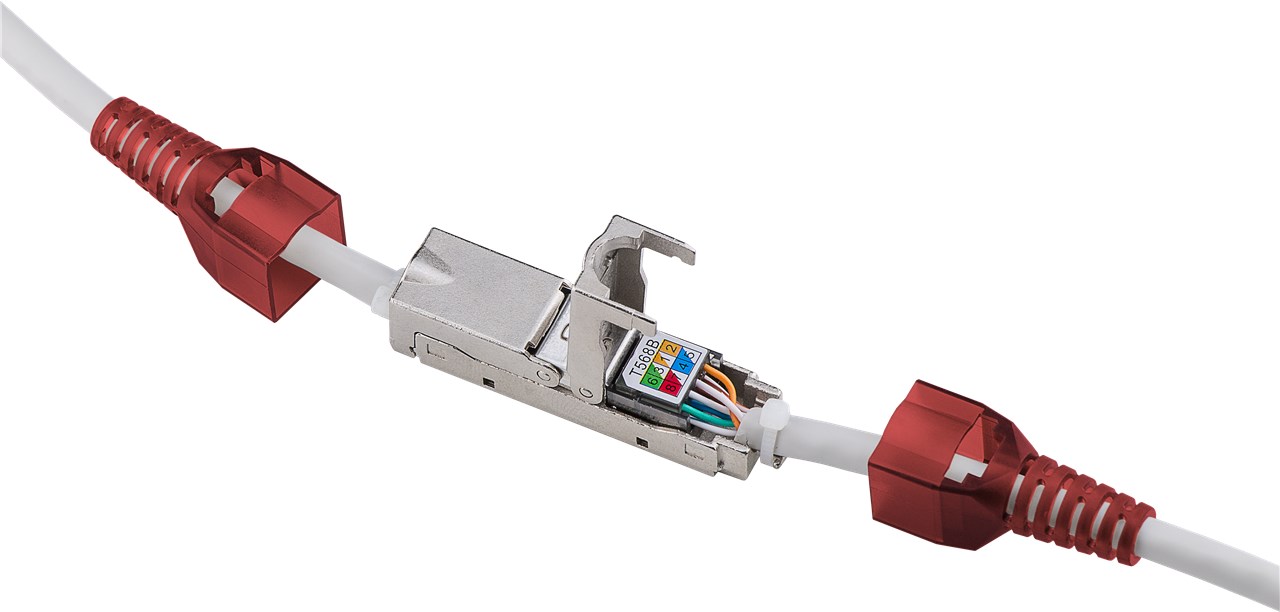 Werkzeugloser Kabel Verbinder "slim" CAT 6, STP geschirmt - Klemmleiste für LSA Montage (werkzeugfrei)