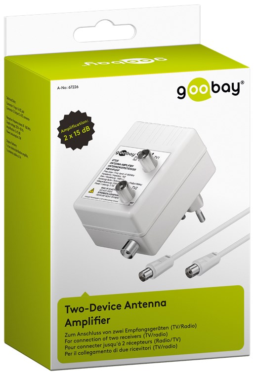 Zwei-Geräte-Antennenverstärker 2x 15dB (DVB-T / DVB-T2 / DVB-C) - zum Anschluss von zwei Empfangsgeräten (TV / Radio)