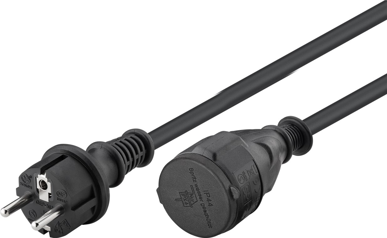 Netzkabel Outdoor, 10 m, Schwarz - Kabellänge 10 m - Hybridstecker (Typ E/F, CEE 7/7) > Schutzkontaktbuchse (Typ F, CEE 7/3)