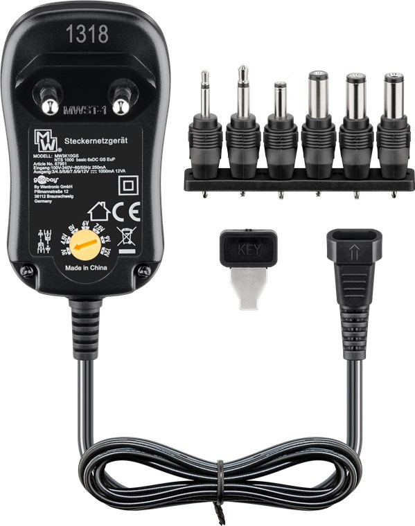 3 V - 12 V Universal-Netzteil 3 V - 12 V Universal-Netzteil - Ausgang, max. Stromstärke (DC) 0.0416666666666667 - inkl. 6 DC-Adapter - max. 12 W und 1 A