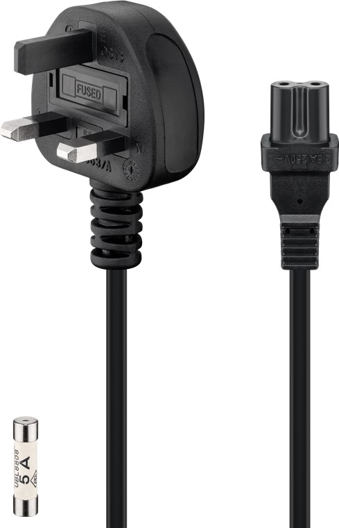 UK-Netzanschlusskabel, 1,5 m, Schwarz UK-Netzanschlusskabel, 1,5 m, Schwarz - Kabellänge 1.5 m - UK 3-Pin-Stecker (Typ G, BS 1363) > Gerätebuchse C7