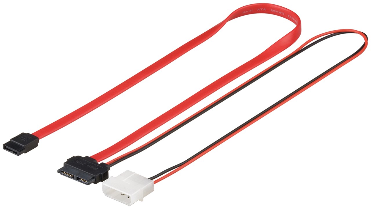 HDD S-ATA SlimLine Kabel 1.5 GBits / 3 Gbits 2in1 HDD S-ATA SlimLine Kabel 1.5 GBits / 3 Gbits 2in1 - Kabellänge 0.3 m - SATA Slimline Stecker > SATA L-Typ Stecker