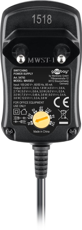 3 V - 12 V Universal-Netzteil - Ausgang, max. Stromstärke (DC) 0.6 A - inkl. 1 USB- und 8 DC-Adapter - max. 3,6 W und 0,6 A 3 V - 12 V Universal-Netzteil - Ausgang, max. Stromstärke (DC) 0.6 A - inkl. 1 USB- und 8 DC-Adapter - max. 3,6 W und 0,6 A