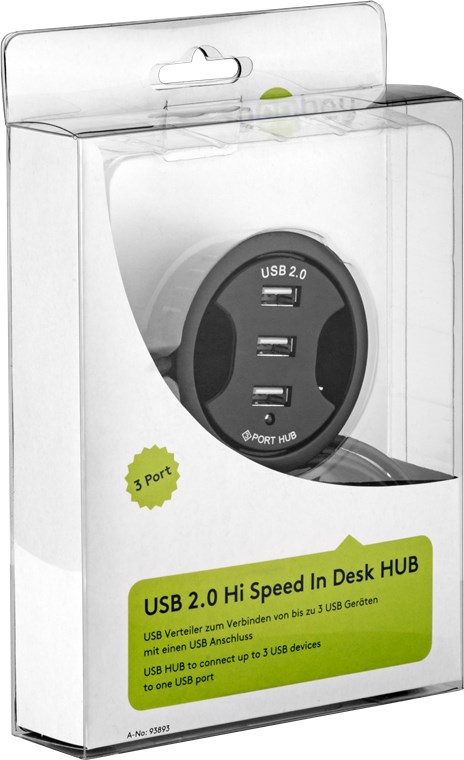 3-fach USB 2.0 Hi-Speed Einbau-HUB/Verteiler - zum Einbau in 60 mm Tischdurchführungen