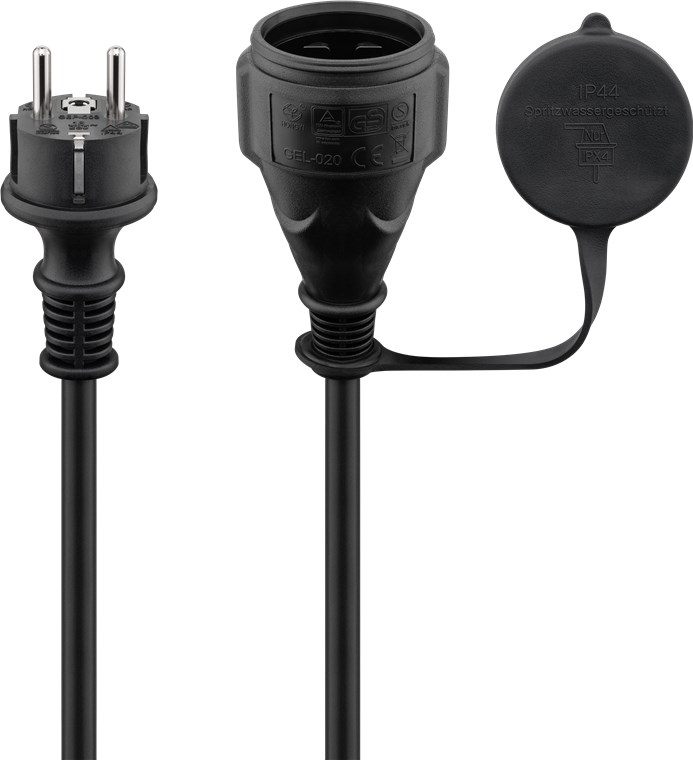 Netzkabel Outdoor, 10 m, Schwarz - Kabellänge 10 m - Hybridstecker (Typ E/F, CEE 7/7) > Schutzkontaktbuchse (Typ F, CEE 7/3)
