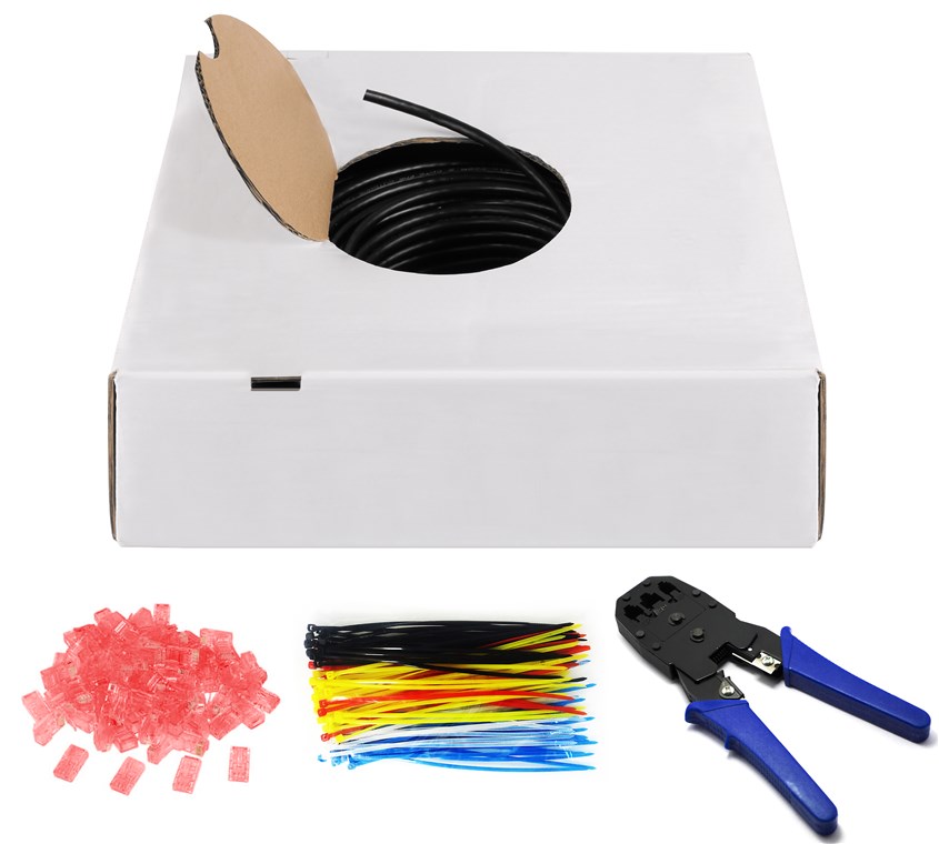 CAT 6 Outdoor Netzwerkkabel-Set, U/UTP, Schwarz - Kabellänge 305 m - Kupferleiter (CU), AWG 24/1 (solid), Polyethylen-Kabelmantel (PE) CAT 6 Outdoor Netzwerkkabel-Set, U/UTP, Schwarz - Kabellänge 305 m - Kupferleiter (CU), AWG 24/1 (solid), Polyethylen-Kabelmantel (PE)