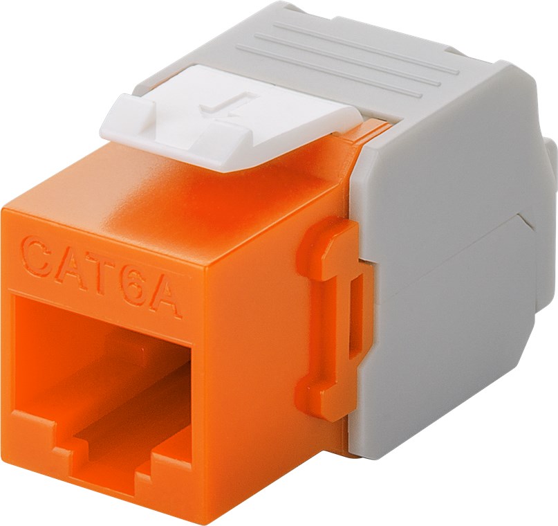 Keystone Modul RJ45 CAT 6A, UTP - Farbversion Orange - 16,5 mm breit, Krokodil-Typ, Klemmleiste für werkzeugfreie LSA-Montage