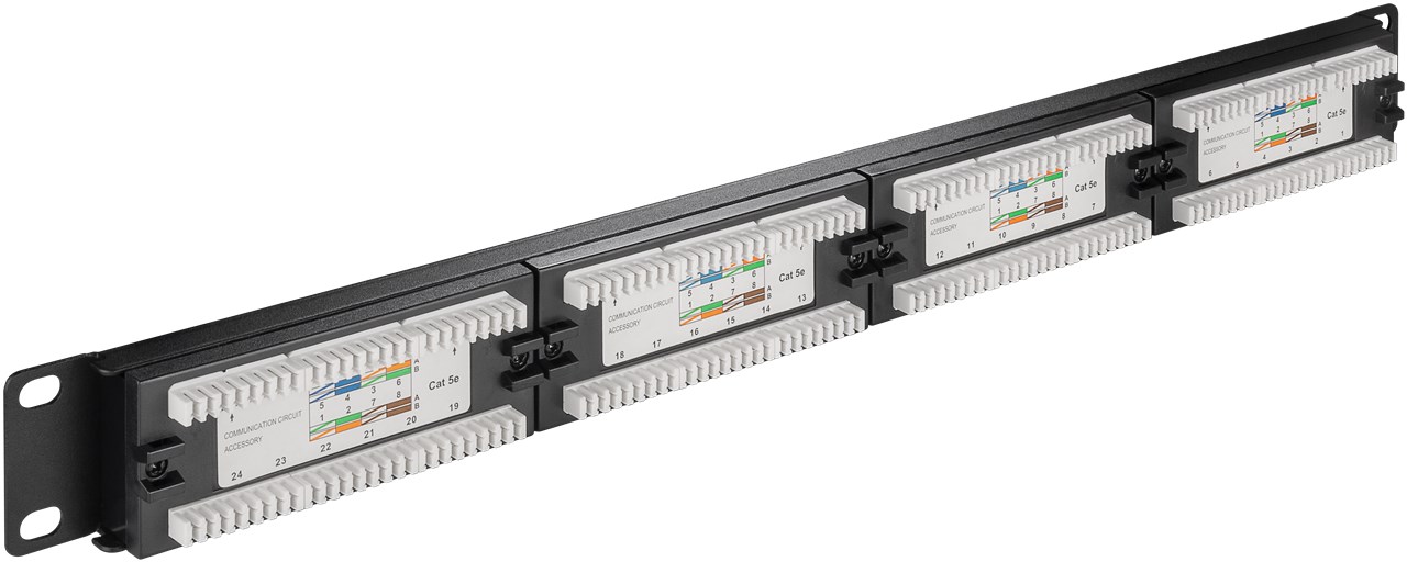 CAT 5e 19-Zoll (48,3 cm) Patch Panel, 24 Port, (1 HE) - Schirmungsklasse UTP - UTP ungeschirmt, Schwarz CAT 5e 19-Zoll (48,3 cm) Patch Panel, 24 Port, (1 HE) - Schirmungsklasse UTP - UTP ungeschirmt, Schwarz